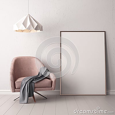 Interior with armchair and a table on a background of a marble wall, 3d render, 3d illustrationMock up poster in the interior with Stock Photo