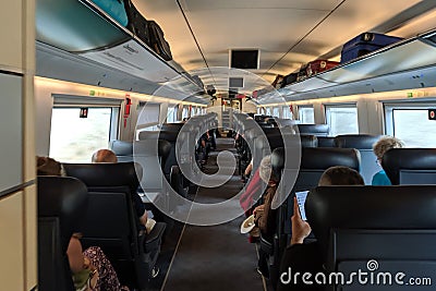 Interior of AVE train, which is a high-speed rail service in Spain. Editorial Stock Photo