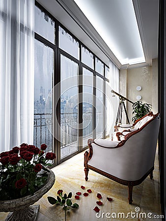 Interior of balcony with armchairs and small table Stock Photo