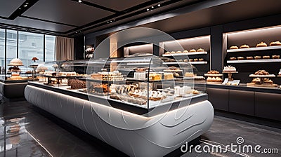 Interior bar design and counter decoration local coffee cafe, breakfast and bakery pastry shop. Generative AI Stock Photo