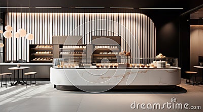 Interior bar design and counter decoration local coffee cafe, breakfast and bakery pastry shop. Generative AI Stock Photo