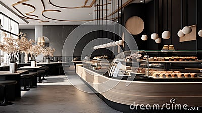 Interior bar design and counter decoration local coffee cafe, breakfast and bakery pastry shop. Generative AI Stock Photo