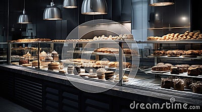 Interior bar design and counter decoration local coffee cafe, breakfast and bakery pastry shop. Generative AI Stock Photo