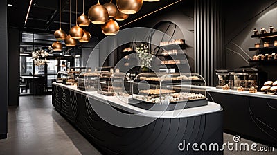 Interior bar design and counter decoration local coffee cafe, breakfast and bakery pastry shop. Generative AI Stock Photo