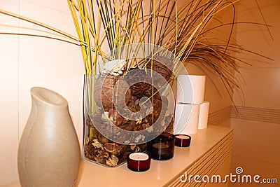 Interior of the bathroom composition of dried flowers Stock Photo