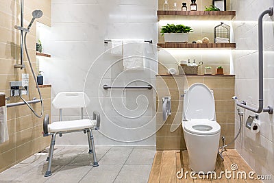 Interior of bathroom for the disabled or elderly people. Handrail for disabled and elderly people in the bathroom Stock Photo