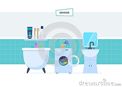 Interior of bathroom, with household appliances, furniture, household items, architecture. Vector Illustration