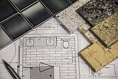 Interior bathroom remodel planning, design, floor and counters Stock Photo