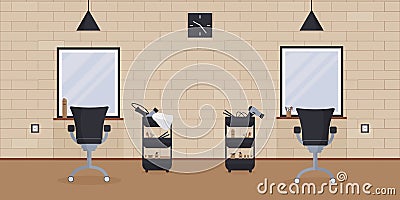 The interior of the beauty salon in the loft style.An empty, cozy barbershop with a brick wall, mirrors, trolleys with hair dryers Vector Illustration