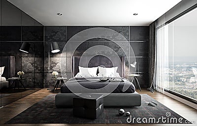 Interior bedroom mock-up, black modern style, 3D rendering, 3D i Cartoon Illustration