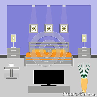 Interior of a bedroom with TV Vector Illustration