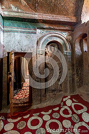 Bet-Mikael rock-hewn church, Interior of Orthodox monolith rock-cut church. Lalibela, Ethiopia Stock Photo