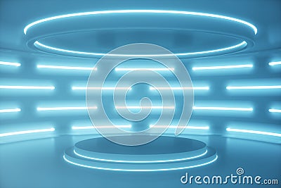 Interior blue futuristic background, sci-fi interior concept. Empty interior with neon lights 3D illustration Cartoon Illustration
