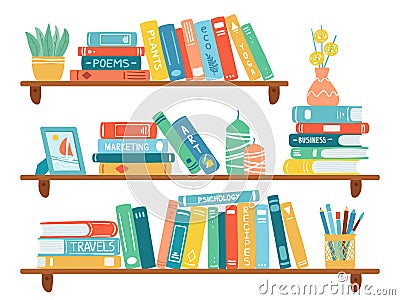 Interior bookshelves. Books at bookshelf, textbooks pile, school education or bookstore shelf, library bookcase isolated Vector Illustration