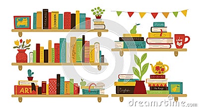 Interior bookshelves. Home library. Color rows and stacks with different titles. Poetry, prose and novels. Room walls Vector Illustration