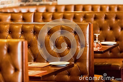 Interior of Booth style Restaurant Diner with Brown Interior Editorial Stock Photo