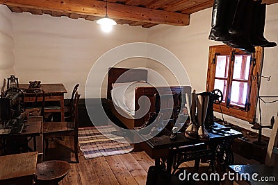 Interior of bootmaker room from 19th century, northern Slovakia. Editorial Stock Photo