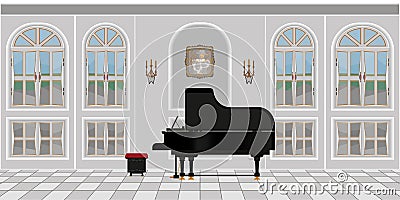 Interior of a bright living room with large windows and a black piano Vector Illustration