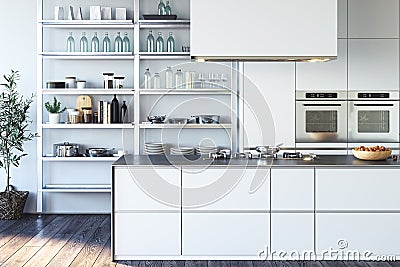 Interior of bright modern stylish kitchen with big cupboard and table. 3d rendering. Stock Photo