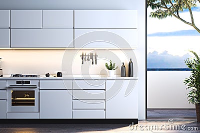 Interior of bright modern stylish kitchen with big windows sea view. 3d rendering. Stock Photo
