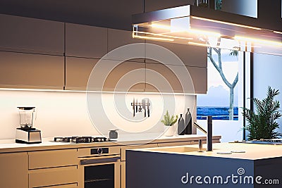 Interior of bright modern stylish kitchen with big windows and table. 3d rendering. Evening time. Stock Photo