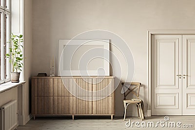 Interior of a bright room with a blank horizontal poster on a wooden commode, between the window and the door. Front view. Mockup. Stock Photo