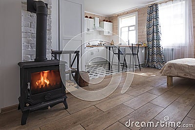 Interior of a bright studio room with a Scandinavian style fireplace in a private house, where the living room with th Stock Photo