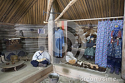 The interior of the Buryat Yurt in the architectural and ethnographic museum `Taltsy`. Irkutsk region Editorial Stock Photo