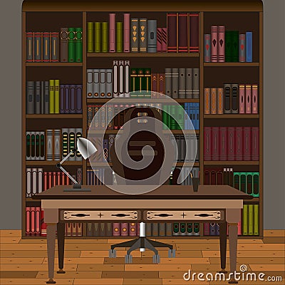 Interior of a cabinet with a library in the background. Office interior Vector Illustration