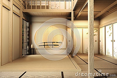 Mock up interior, Cabinet wooden in modern living room japan style on white wall background,3d rendering Stock Photo