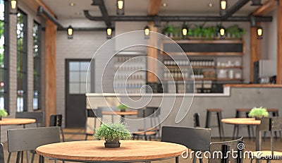 Interior of a cafe with a bar counter. Blurred background and table surface in the foreground. 3D rendering with depth of field. Stock Photo