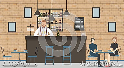Interior of cafe or bar in loft style. Bar counter, bartender in blue shirt with glasses of champagne,beautiful women and shelves Vector Illustration