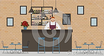 Interior of cafe or bar in loft style. Bar counter, bartender in white shirt and apron, tables, poinsettia,different chairs and sh Vector Illustration