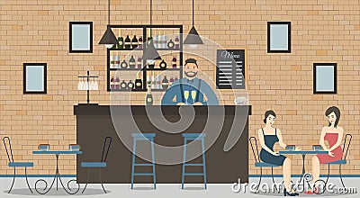 Interior of cafe or bar in loft style. Bar counter, bartender in blue shirt with glasses of champagne,beautiful women and shelves Vector Illustration