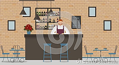 Interior of cafe or bar in loft style. Bar counter, bartender in white shirt and apron, tables, poinsettia,different chairs and sh Vector Illustration