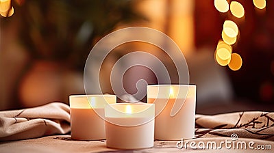 INTERIOR candles. Lighted candles on the table, decor, aroma candles, aromatherapy. Festival of Lights Stock Photo