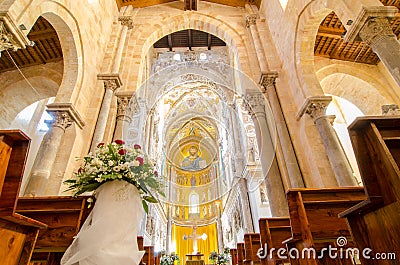 Interior of the Cathedral-Basilica of Cefalu. Mosaic of Christ. Editorial Stock Photo