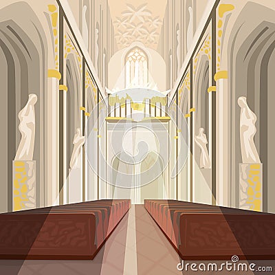 Interior of Cathedral Church or Catholic Basilica Vector Illustration