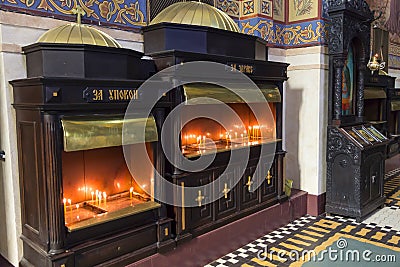 Interior of cathedral dedicated Dormition of the Mother of God - Orthodox church in Varna. Editorial Stock Photo