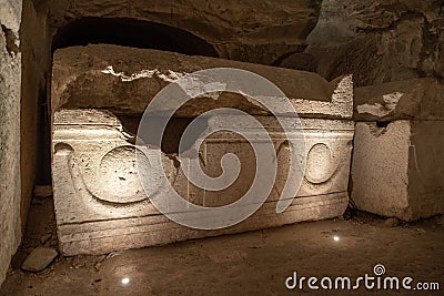 Interior of the Cave of the Coffins at Bet She`arim in Kiryat Tivon Israel. Stock Photo