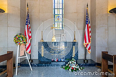 Interior chapel at American WW2 Cemetery with memorial plaque Editorial Stock Photo