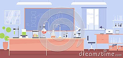 Interior of chemical laboratory with furniture, microscope, flasks and tubes. Experiment in chemistry classroom in Vector Illustration