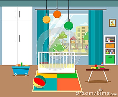 The interior of the children`s room with a cradle, wardrobes, a window, a carpet and toys in a flat style. Bright and graphic flat Vector Illustration