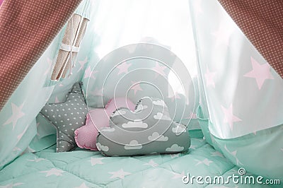 Home interior, children. Interior of childs tent inside kids bedroom Stock Photo
