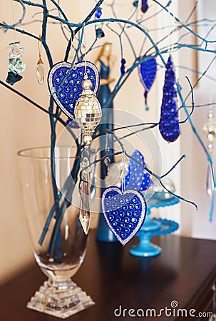 Interior Christmas decoration in blue and siver tones. Stock Photo