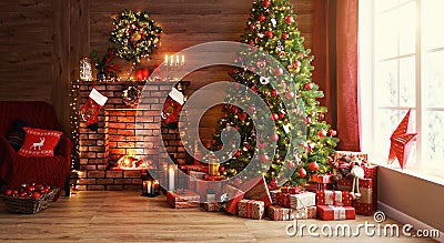 Interior christmas. magic glowing tree, fireplace, gifts Stock Photo
