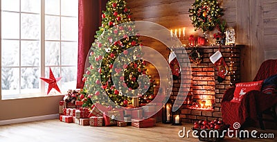 Interior christmas. magic glowing tree, fireplace, gifts Stock Photo