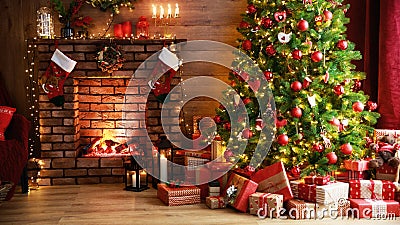 Interior christmas. magic glowing tree, fireplace, gifts in dark Stock Photo