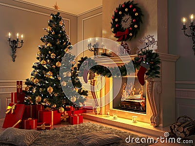 Interior with Christmas tree, presents and fireplace. Postcard. Stock Photo