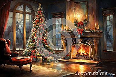 Interior christmas watercolor Craft holiday magic Christmas tree, fireplace presents and heartwarming scene Stock Photo